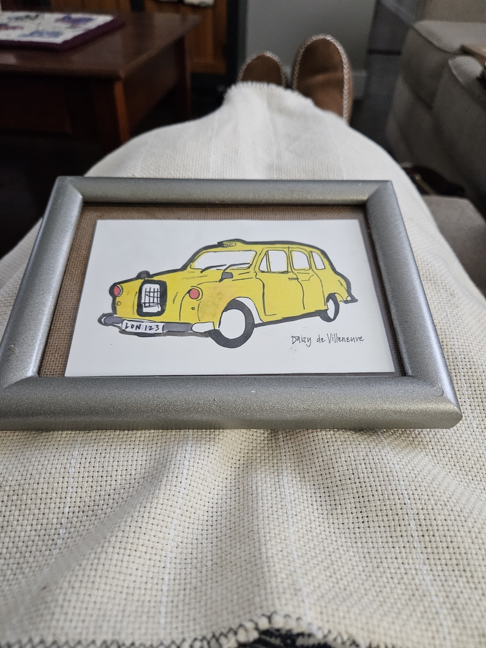 Yellow Taxi Illustration in Silver Frame
